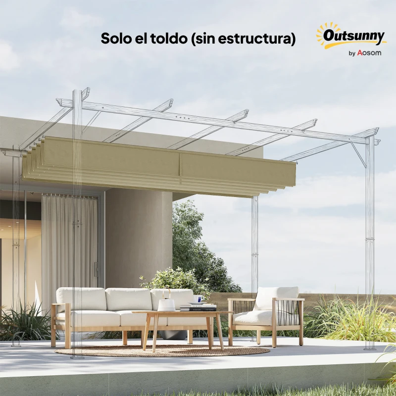 Outsunny Techo de Repuesto Retráctil 3,5x2,6 m para Marco de 4x3 m Toldo de Tela Solo para Cenador Jardín con 10 Orificios Beige
