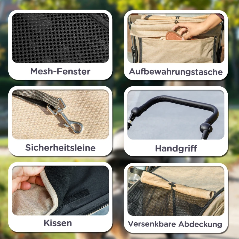 PawHut Hundewagen, Leichter und faltbarer Transportwagen für kleine Hunde, waschbares Kissen, Netzfenster, Khaki