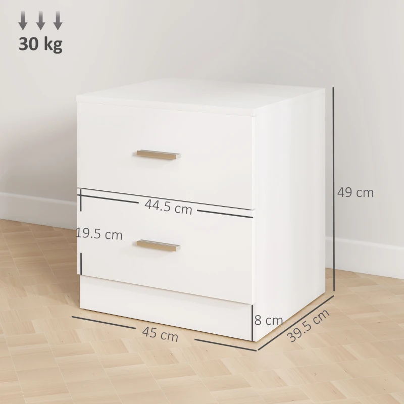HOMCOM Modern Bedside Table, Beside Cabinet with 2 Drawers, for Bedroom, Living Room, White