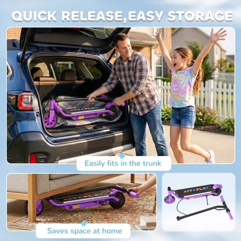 AIYAPLAY Electric Scooter for Kids Aged 6-14 Years, with Colourful Lights, Purple