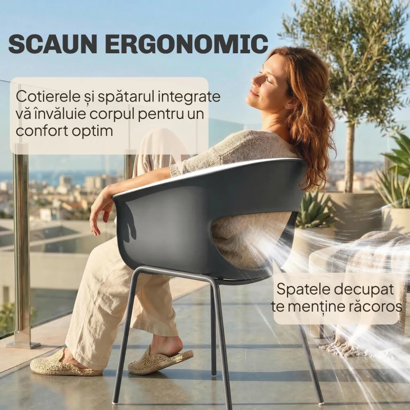 Outsunny Set 4 Scaune de Grădină, cu Brațe și Spătar Perforat, din PP și Metal, 61x51x74 cm, Gri Închis