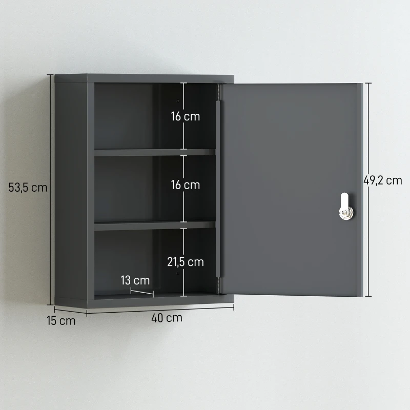 kleankin Medizinschrank zur Wandmontage mit Schloss, 3-stufiger Stahl-Wandschrank, 40 x 15 x 53,5 cm, Kohlegrau