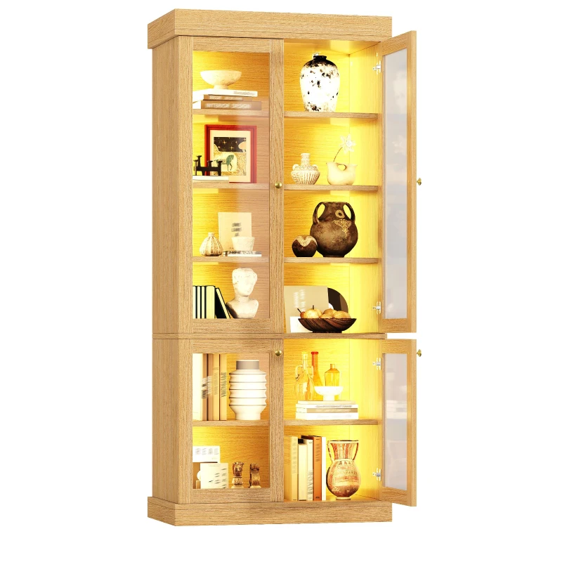 Modern Freestanding Display Cabinet with Height-Adjustable Shelves, LED Lighted Tall Showcase for Industrial Interiors, 80L x 40W x 180H cm, Natural