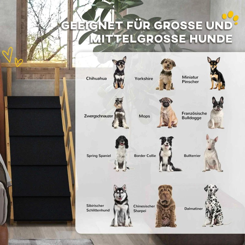 PawHut Hunderampe, höhenverstellbar, klappbar, Geländer, für Hunde bis 40kg, Holzrahmen, 85 x 40 x 61 cm, Schwarz