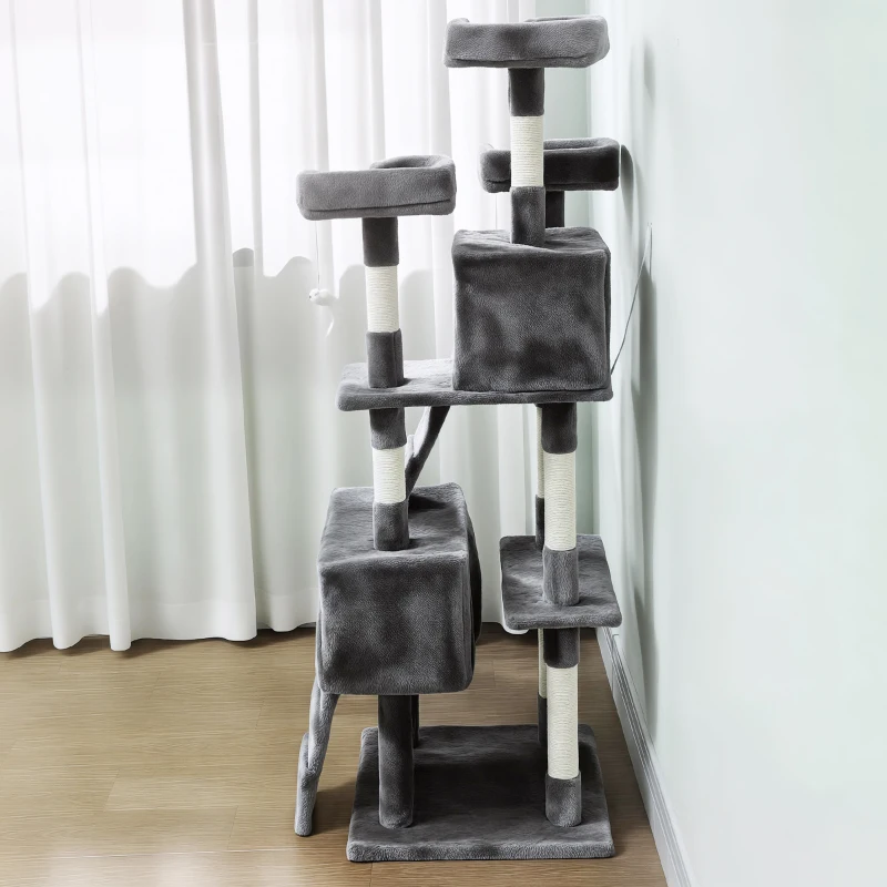 PawHut Árbol Rascador para Gatos Árbol para Gatos 153 cm con 2 Cuevas 3 Camas 2 Rampas Postes de Sisal Ratones Colgantes Gris