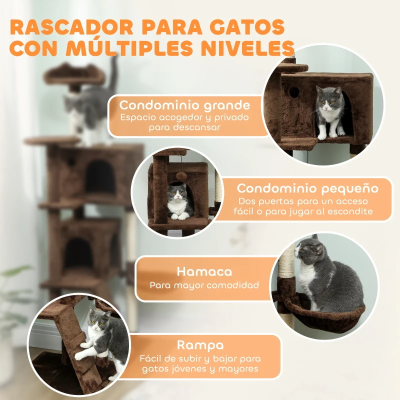 PawHut Árbol Rascador para Gatos 160 cm con Plataformas Cama 2 Cuevas Hamaca Escalera Postes de Sisal Marrón