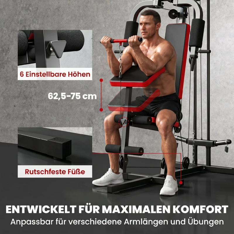 SPORTNOW Kraftstation Fitnessstation mit Latzug, Butterflystange, verstellbar Preacher Bank, Beintrainer, bis 120kg Schwarz+Rot