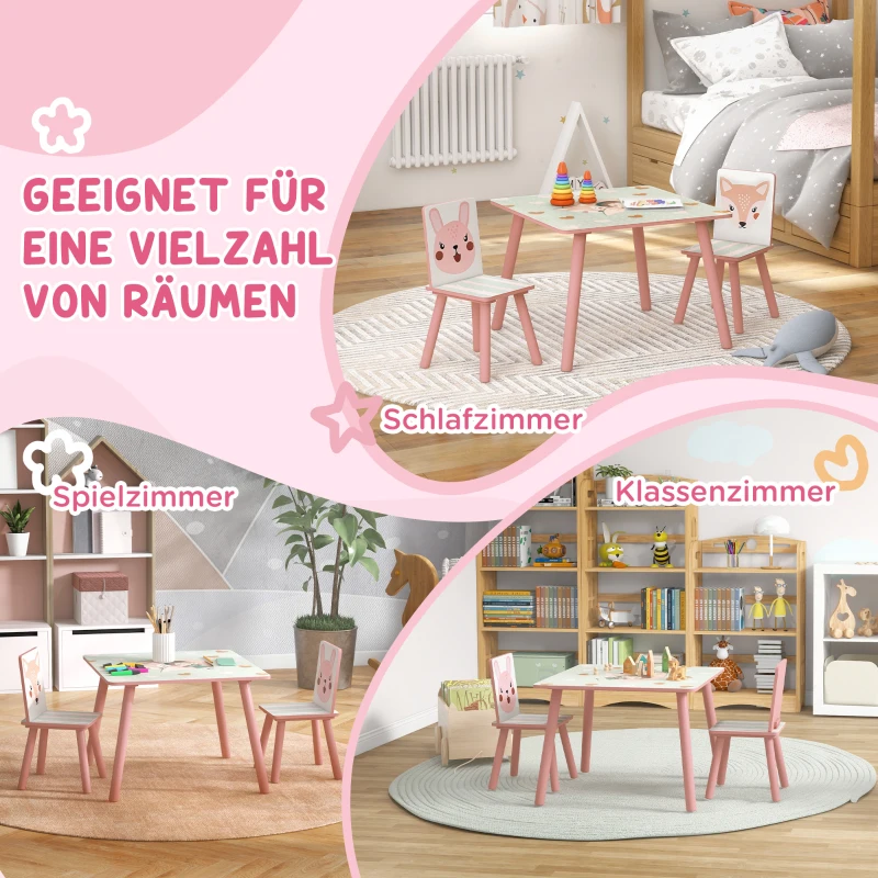 ZONEKIZ Kindersitzgruppe aus Kiefernholz, Tisch mit 2 Stühlen, Tiermotiv, Kinderzimmer, 3-8 Jahre, Rosa