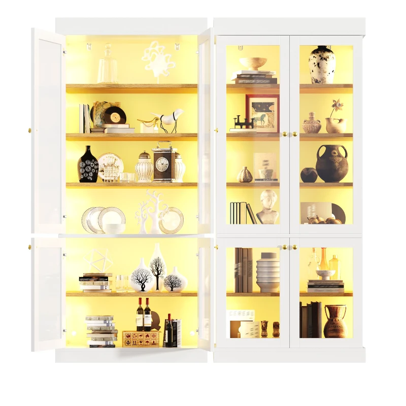 Modern Display Cabinet with Integrated LED Mood Lighting, Adjustable-Shelf Tall Bookcase for Industrial Interiors, 80L x 40W x 180H cm, White