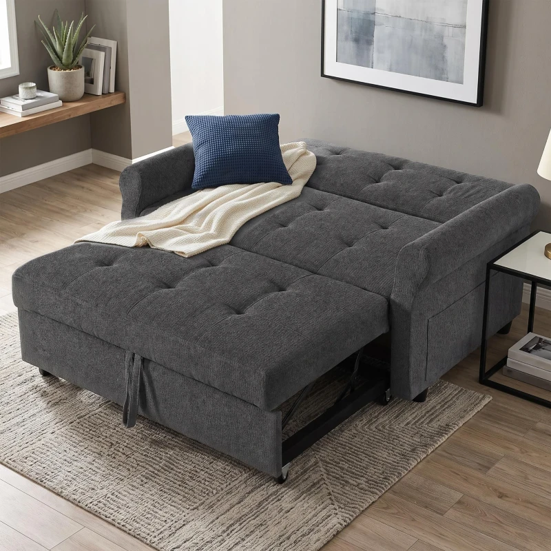 Convertible Sofa Bed with Adjustable Backrest, Functional Sofa with USB & Type-C Ports and Storage Pocket, 135L x 173W x 58H cm, Drak Grey