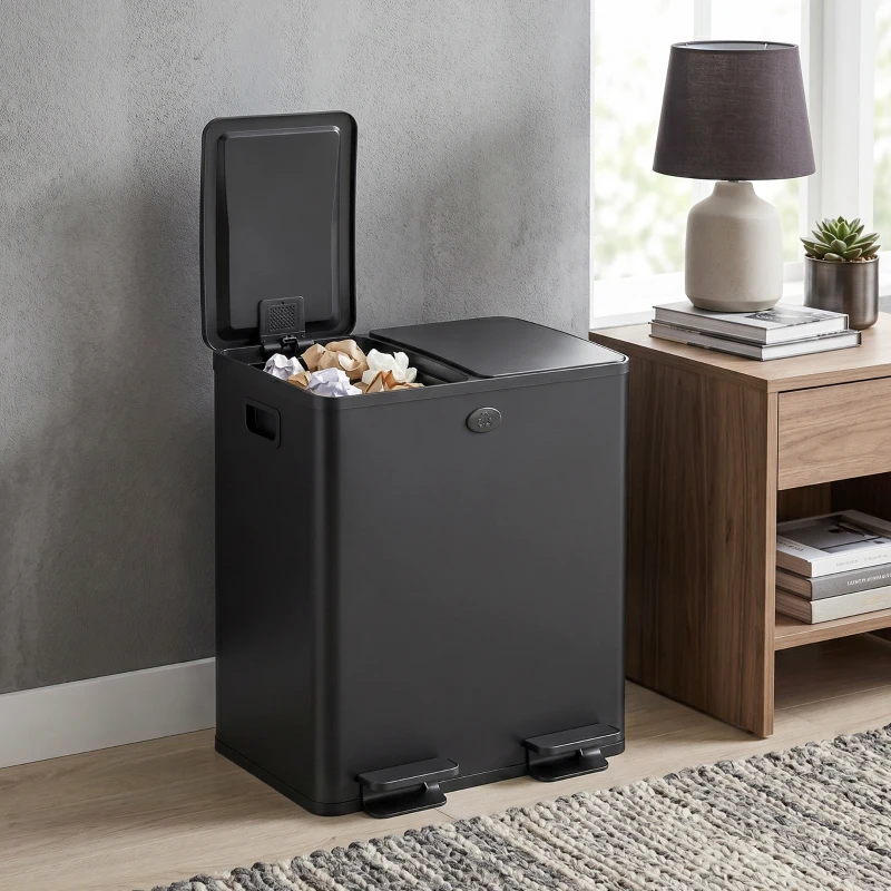 HOMCOM Papelera de Cocina de Acero Inoxidable con 2 Compartimentos 2x20L Pedal Tapas de Cierre Suave y Cubo Extraíble Negro