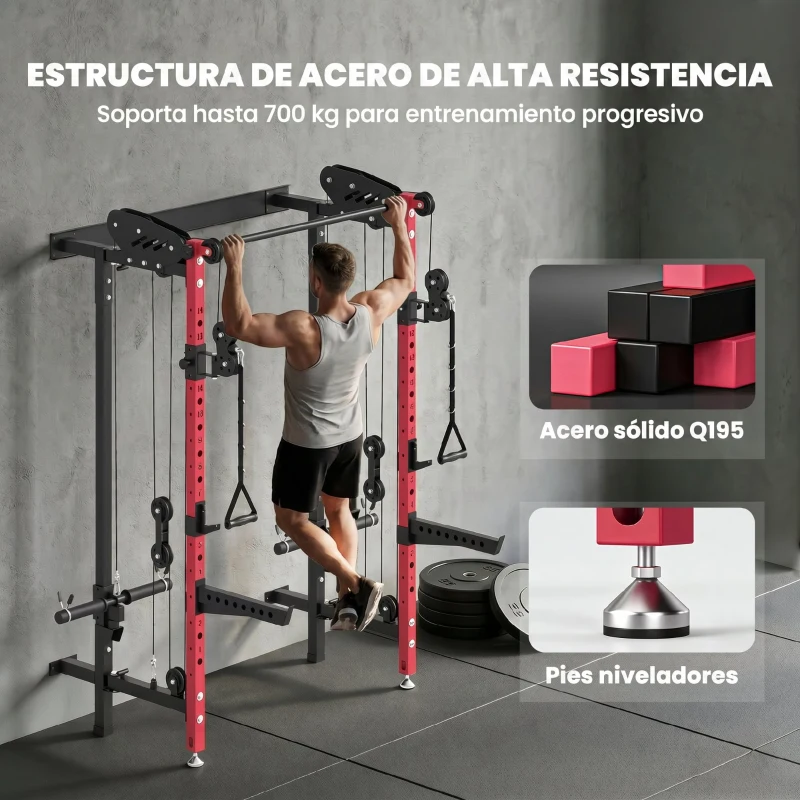 SPORTNOW Jaula de Potencia Plegable Rack para Sentadillas con Barra de Dominadas Sistema de Poleas Carga 700 kg Rojo