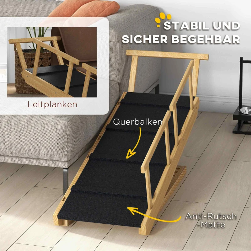 PawHut Hunderampe, höhenverstellbar, klappbar, Geländer, für Hunde bis 40kg, Holzrahmen, 85 x 40 x 61 cm, Schwarz