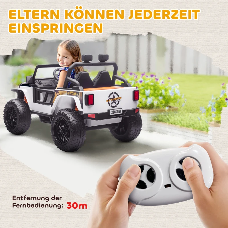 AIYAPLAY Elektrofahrzeug für Kinder, 12V Batterie, mit Eltern-Kind-Sitz, fernsteuerbar, Musik, Hupe, LED-Lichter, 3-8 Jahre, Weiß