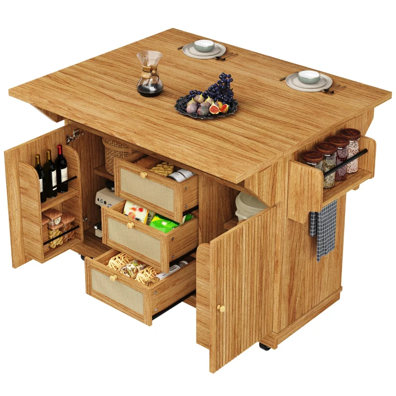 Foldable Serving Trolley with Ample Storage and Snack Racks, Mobile Kitchen Island for Balconies or Dining Room, 142.5L x 40W x 95H cm, Dark Brown