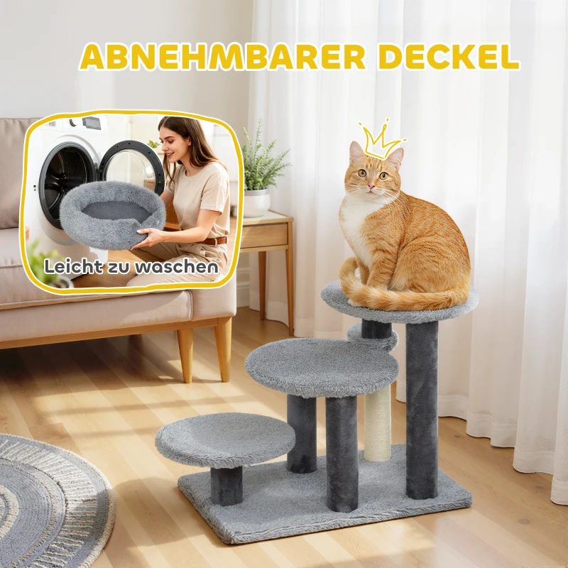 PawHut Kratzbaum und Katzentreppe, breite Basis, Plüschstoff, Sisalkratzsäule, Grau