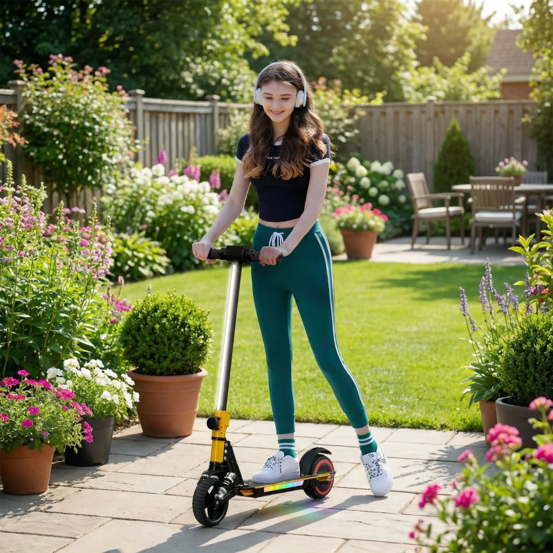 SPORTNOW Folding Electric Scooter for Kids, with Dual Brakes, Front Suspension, LED Colourful Lights, Gold Tone