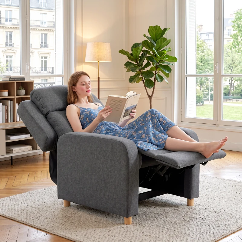 HOMCOM Sillón Relax Reclinable Manual Tapizado en Lino Instalación Rápida Reposapiés Acolchado Grueso y Patas de Madera Gris