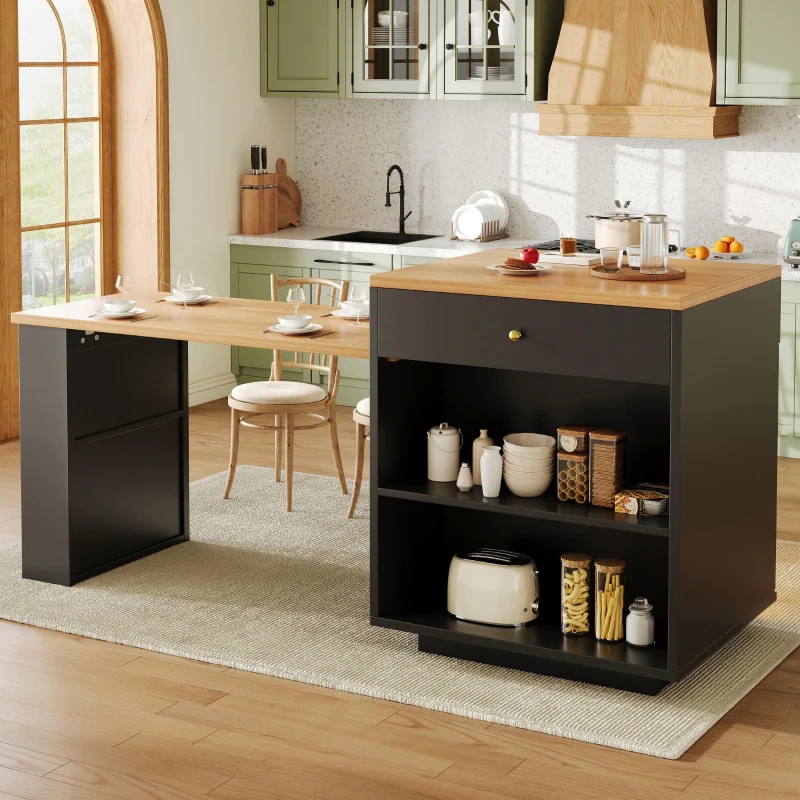 Extendable Bar Table with Arched Tempered Glass Doors, Space-Saving Dining Table for Kitchen or Living Space, 195.5L x 70W x 93.5H cm, Black