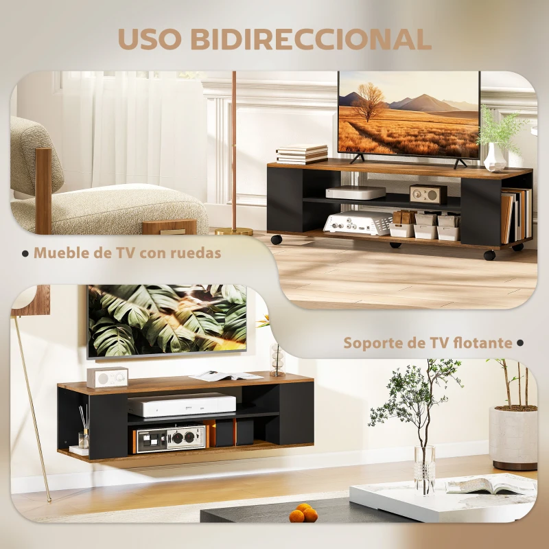 HOMCOM Mueble de TV Suspendido o de Pie con Ruedas 4 Estantes para Televisión de 55 Pulgadas 120x40x38,5 cm Nogal y Negro
