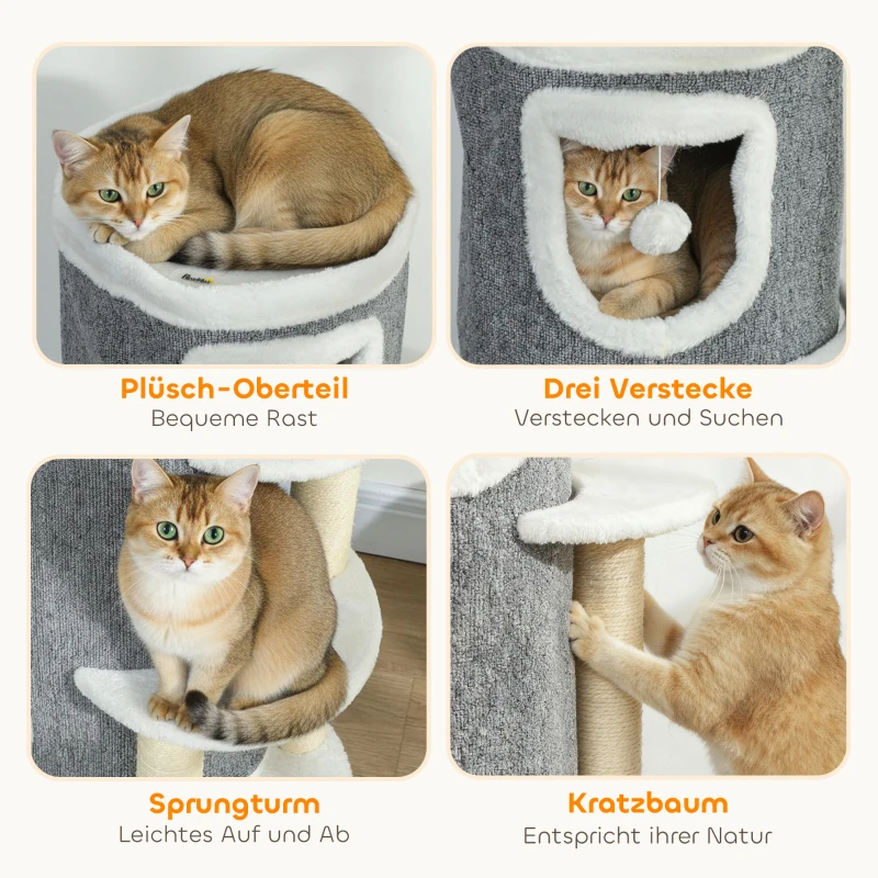 PawHut 101 cm Katzenturm, 3 Ebenen, 3 Schlafhöhlen, Spielbälle, Kratzpfosten, Sisal, Spanplatte, Grau