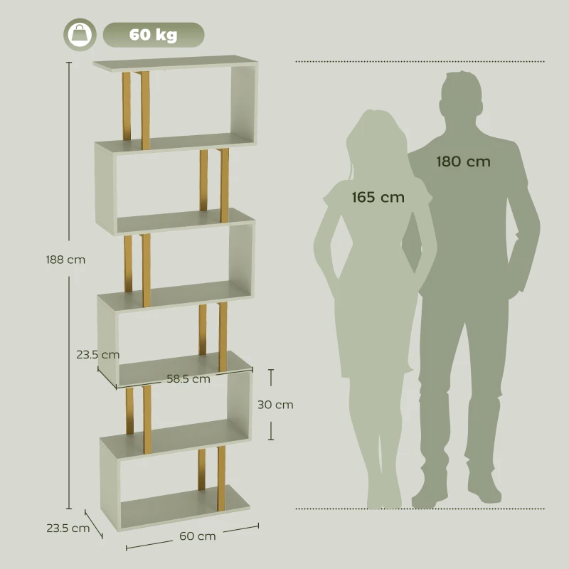 HOMCOM S-Shaped Bookshelf, 6-Tier Bookcase, Freestanding Storage Shelves with Anti-Tip Strap for Living Room, Light Green