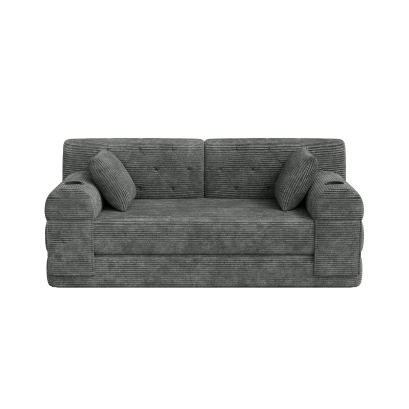 Corduroy Convertible Sofa Bed with Metal Frame and High-Density Foam, 2-Seater Sleeper Sofa with High Backrest, 168L x 80W x 81H cm, Dark Gray
