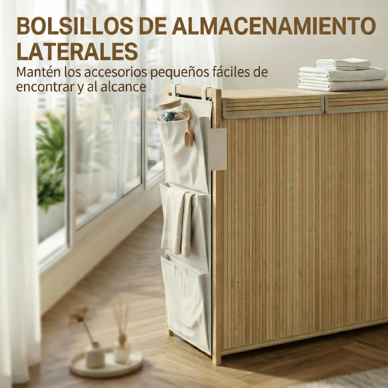 HOMCOM Cesto de Ropa Sucia de Bambú con Tapa 120L con 2 Bolsas con Cordón Extraíbles y Lavables Bolsillos Laterales Natural