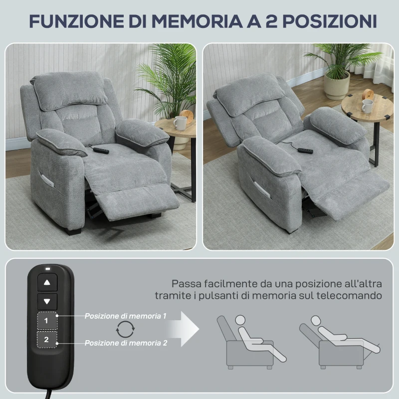 HOMCOM Poltrona Reclinabile 150° Effetto Velluto con Poggiapiedi, Telecomando e Tasca Laterale, 96x90x103 cm, Grigio