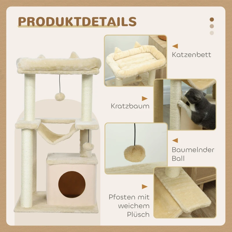 PawHut Katzenbaum, Kratzbaum mit Spielzeug, Sitzstange, Hängematte, 48 x 48 x 90 cm, Creme