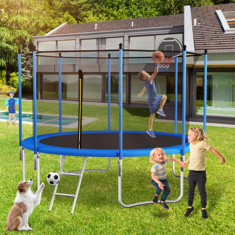 Trampolino da esterno, traverse rinforzate per le gambe, rete di sicurezza con doppia imbottitura, 366x366x256 cm, Blu
