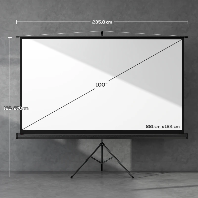 HOMCOM Pantalla de Proyección con Soporte Portátil 100 Pulgadas Formato 16:9 con Altura Ajustable 221x124 cm Negro