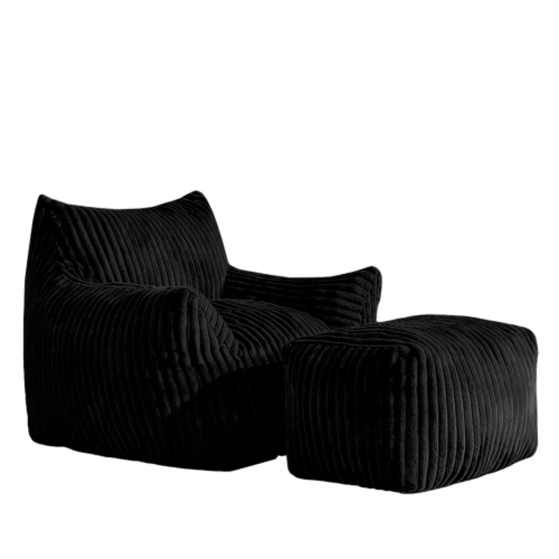 Ergonomic Lazy Sofa with High-Density Shredded Foam, Corduroy Bean Bag Chair for Balcony or Guest Room, 103L x 90W x 70H cm, Black