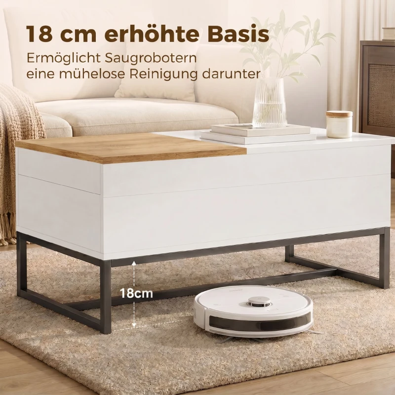 HOMCOM Ausziehbarer Couchtisch, moderner Wohnzimmertisch mit verschiebbarer Platte, verstecktem Stauraum und Stahlbeinen, Weiß