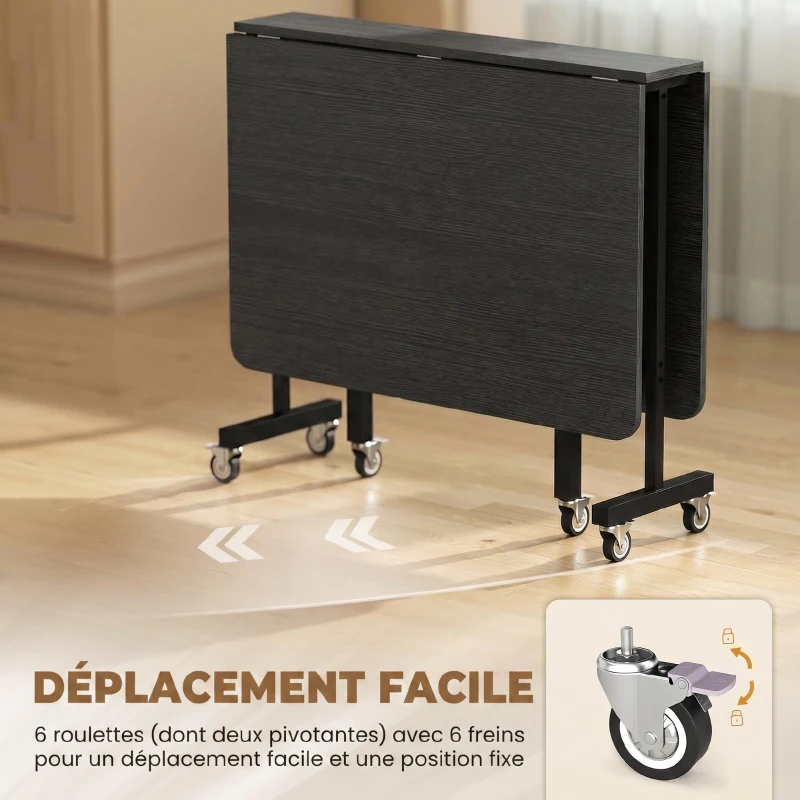 HOMCOM Table à Manger Pliante sur Roulettes pour 4-6 Personnes 120 cm, Roues avec Freins, 2 Abattants, Industriel, Noir
