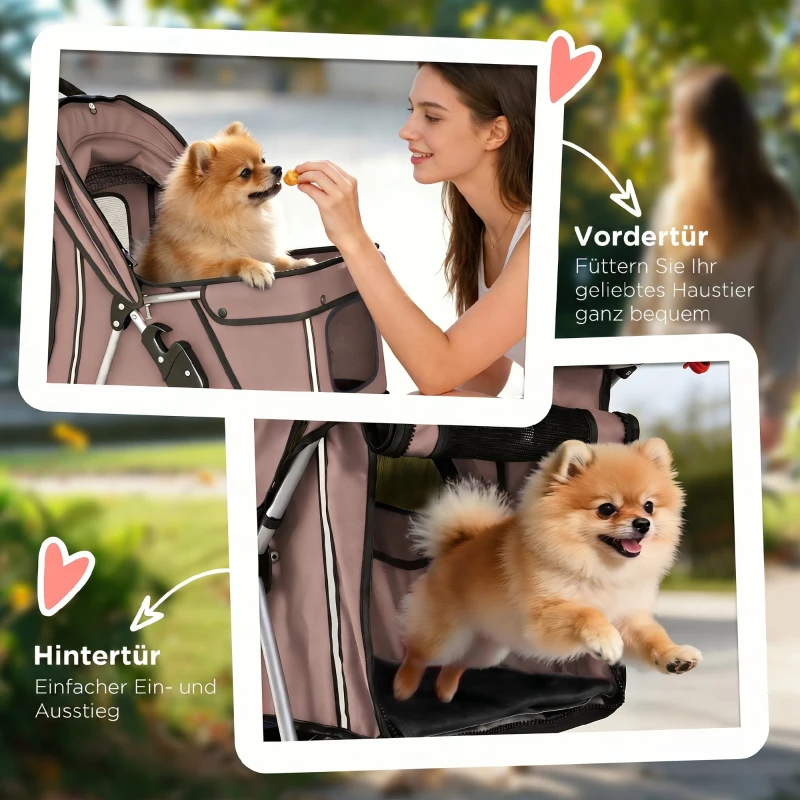 PawHut Hundewagen Faltbar Hundebuggy mit Reflektorstreif Aufbewahrungskorb Kissen für kleine Hunde bis 10 kg 77x44x102cm Kaffee