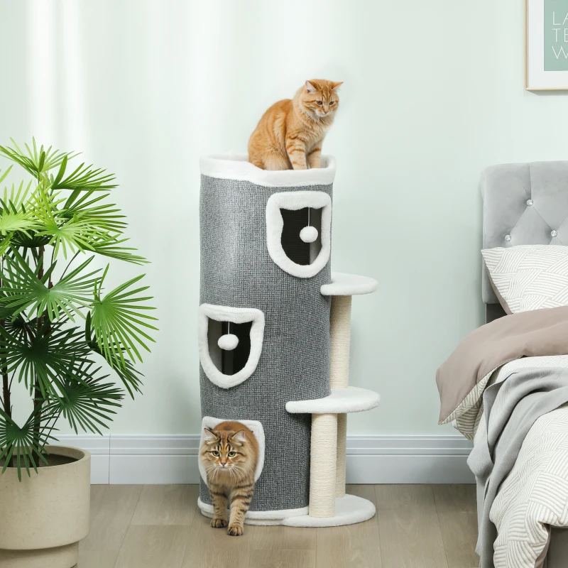 PawHut 101 cm Katzenturm, 3 Ebenen, 3 Schlafhöhlen, Spielbälle, Kratzpfosten, Sisal, Spanplatte, Grau