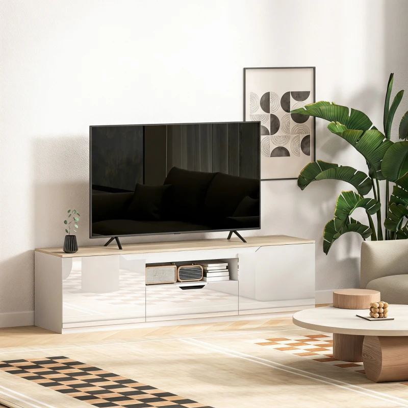 HOMCOM Lowboard TV, lucios, pentru televizoare de până la 165 cm, 3 compartimente, sertar, 160 x 38 x 43 cm, lemn natural