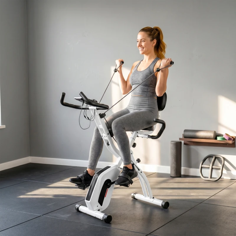 SPORTNOW Vélo d'Appartement Pliable Vélo de Fitness 3 en 1 Silencieux Connecté Kinomap Bluetooth et Zwift 105x53,5x109cm Blanc