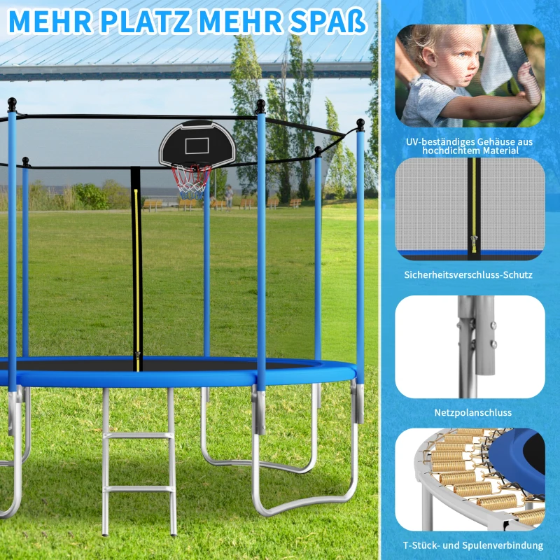 Trampolino da esterno, traverse rinforzate per le gambe, rete di sicurezza con doppia imbottitura, 366x366x256 cm, Blu