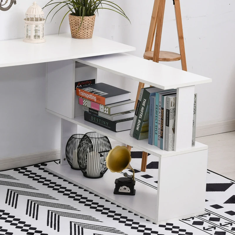 HOMCOM Corner Computer Desk, L Shaped Desk with 360° Rotating Bookshelf, 120L x 110W x 74.5H cm, White