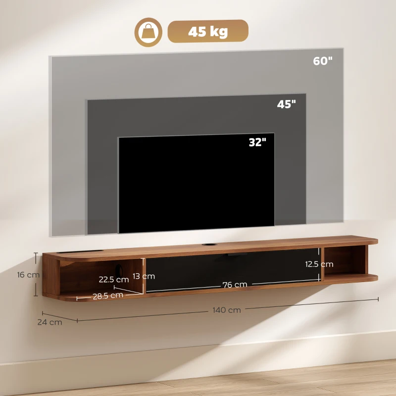 HOMCOM Comodă TV suspendată, pentru televizoare până la 152 cm, sertar rabatabil, 2 rafturi, 140x24x16cm, nuc