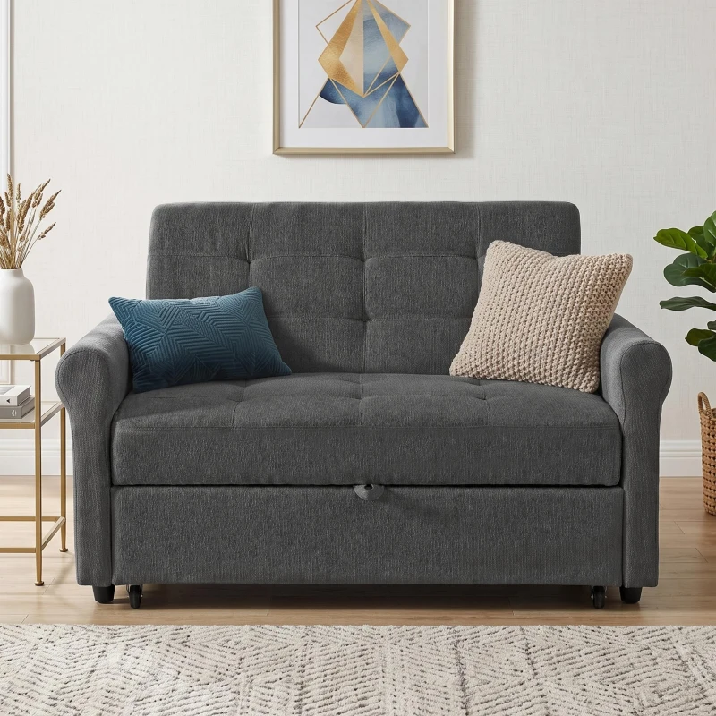 Convertible Sofa Bed with Adjustable Backrest, Functional Sofa with USB & Type-C Ports and Storage Pocket, 135L x 173W x 58H cm, Drak Grey