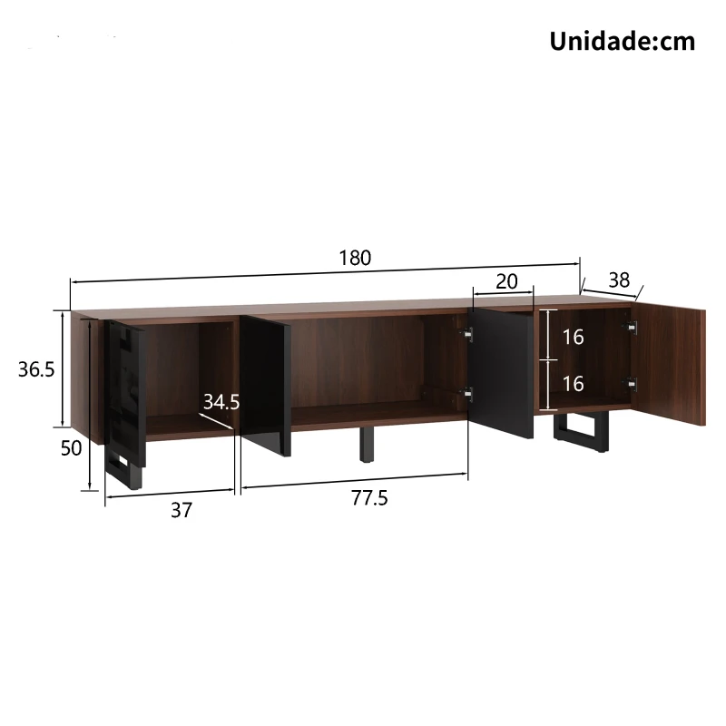 Moderno Móvel de TV de 4 Portas, Grande Capacidade de Arrumação, Design Vintage, 180x38x50 cm, Preto+Cor Natural