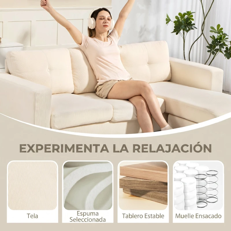 HOMCOM Sofá Chaise Longue Reversible de 3 Plazas Tapizado en Pana Marco de Acero para Espacios Reducidos Crema