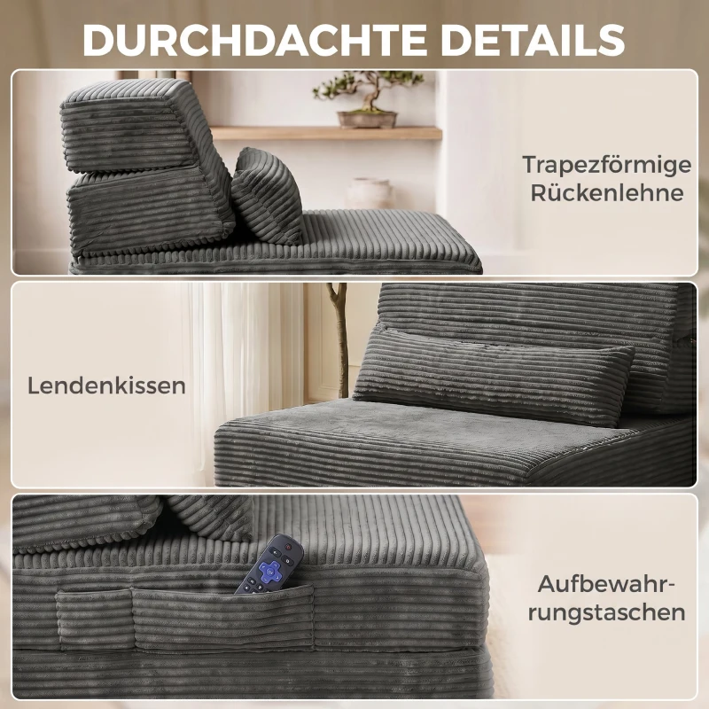 HOMCOM Bodenstuhl mit Rückenstütze, Cord Boneless Cloud Faltbares Schlafsofa mit dickem Polster, Dunkelgrau