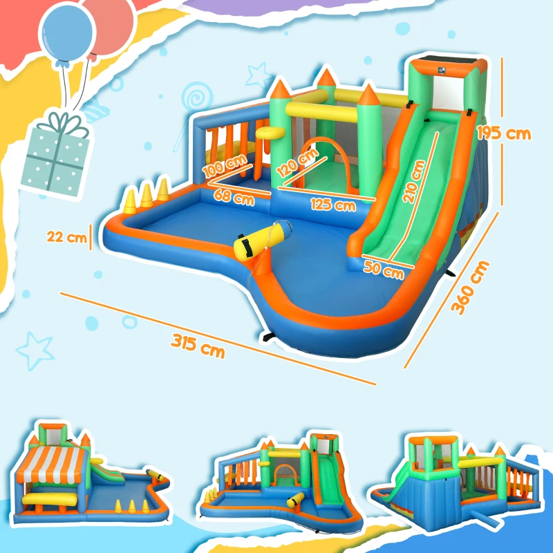 AIYAPLAY Hüpfburg für Kinder, mit Wasserrutsche, Planschbecken, Kletterwand, für drinnen und draußen, 360 x 315 x 195 cm, Bunt