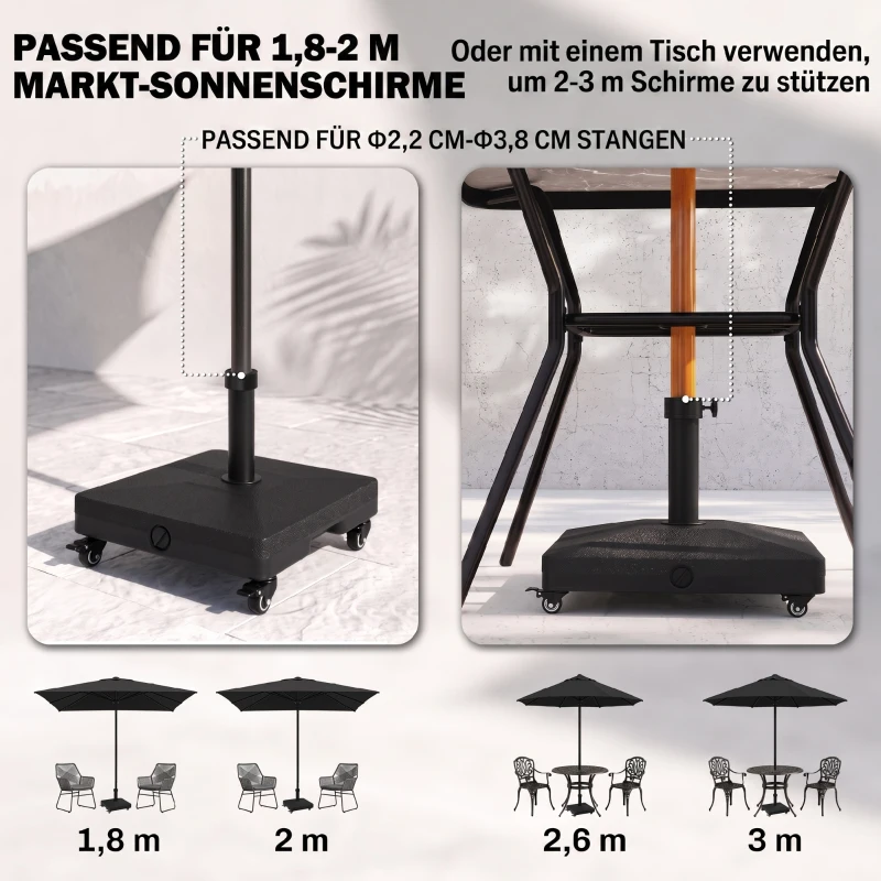 Outsunny Sonnenschirmständer bis 20kg befüllbar HDPE Quadratisch Schirmständer mit Rolle Schirmhalter, Schirmgewicht, Ständer für Sonnenschirm Ø22-38mm, für Balkon, Terasse, Garten, Schwarz