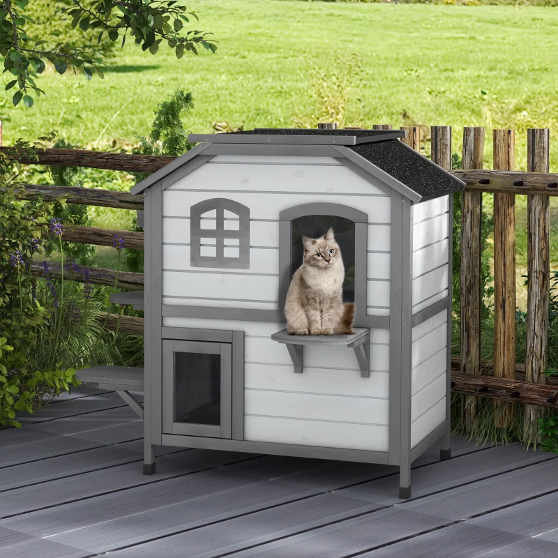 PawHut Katzenhaus Katzenhütte Katzenhöhle, 2 Stockwerke, wetterbeständig, 99,5 cm x 76 cm x 91 cm, Weiß + Grau(m-10)