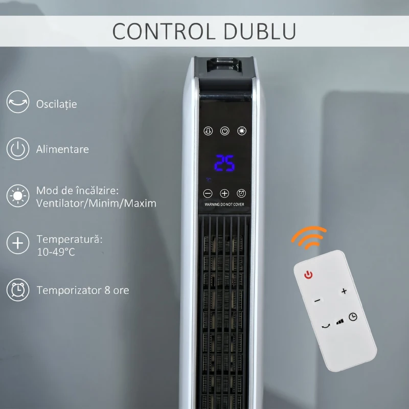 HOMCOM Încălzitor Electric Ceramic de 2200W cu 3 Moduri de Funcționare și Telecomandă, Alb
